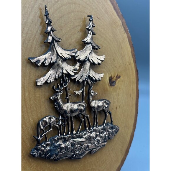 Copper Colored Deer Trees Wooden Tree Slice Wall Hanging Plaque Rustic Hunting - Picture 2 of 4